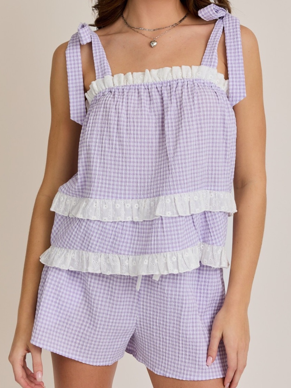 NWT LE LIS Lavender Gingham Ruffle PJ Set